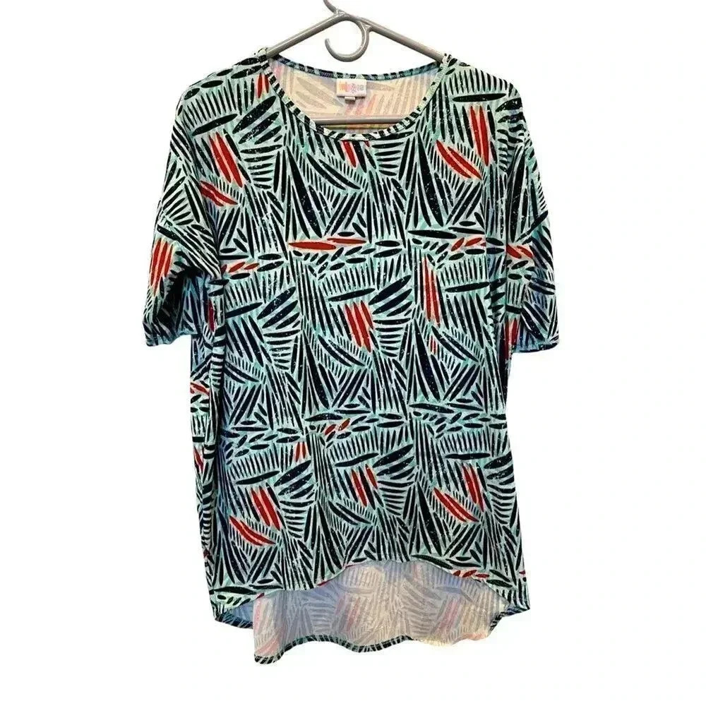 LuLaRoe Simply Comfortable Irma Artsy Aqua Blue IKAT Leaf Bohemian Size Small‎